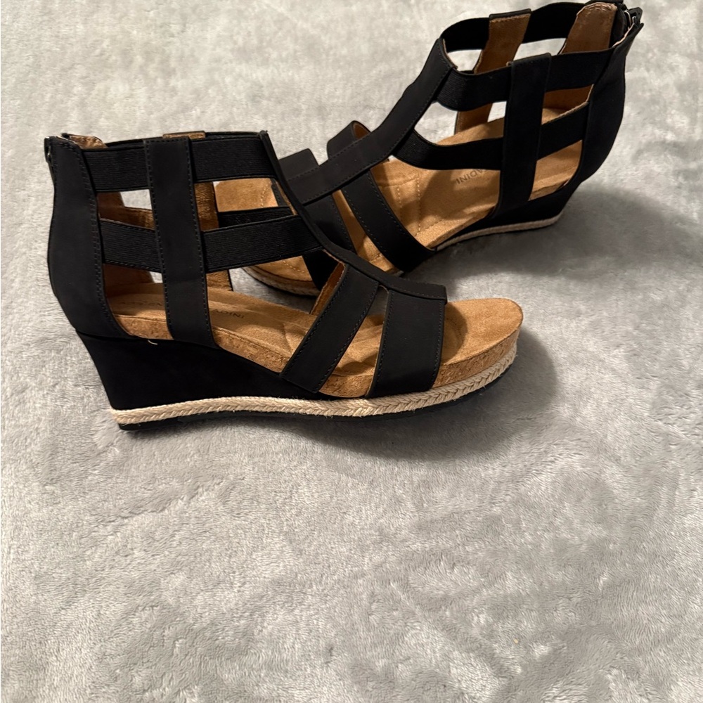 Adrienne Vittadini Black and Tan Wedge Sandals